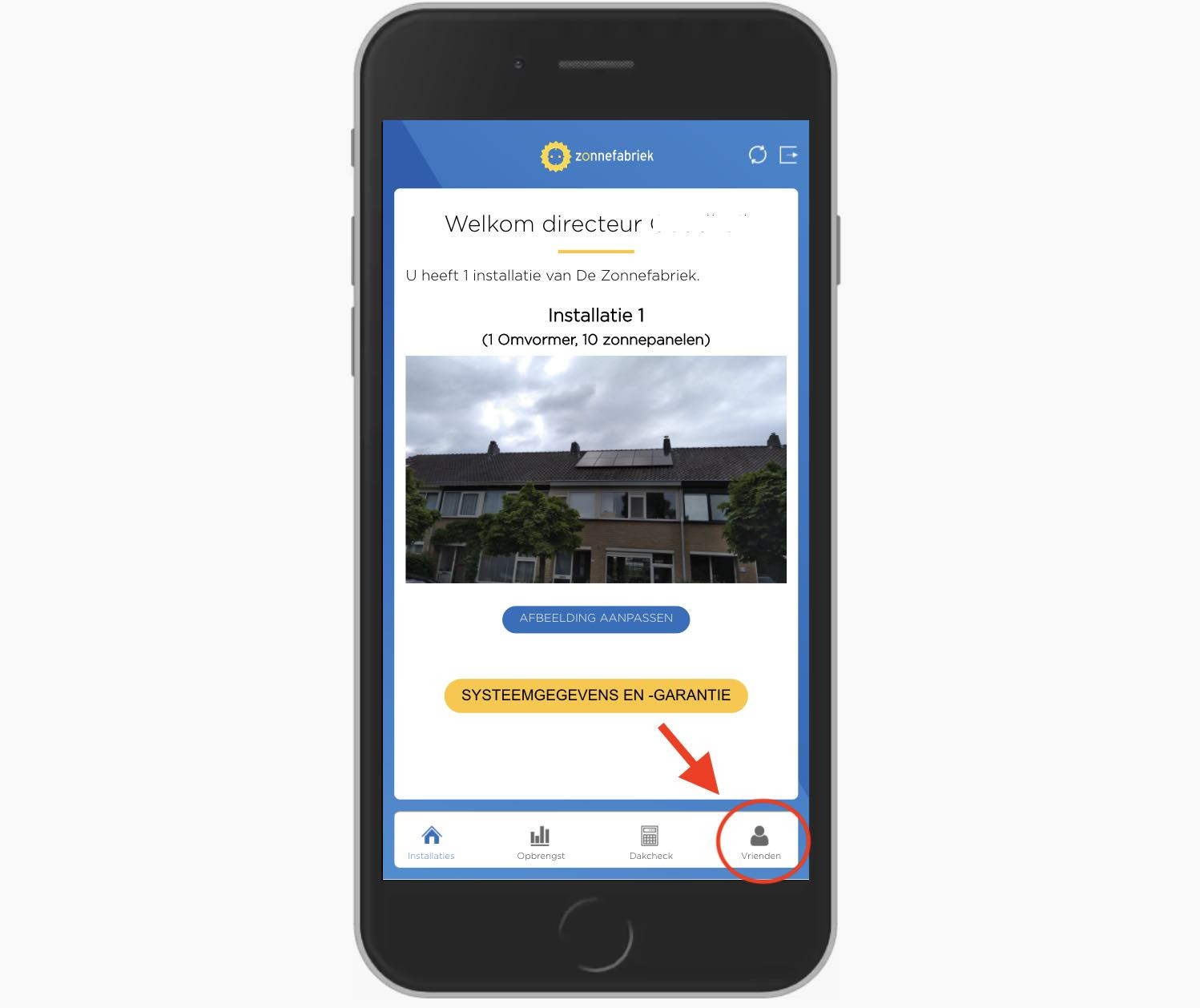Beginscherm van Mijn Zonnefabriek met rechts onderin het icoon voor vrienden
